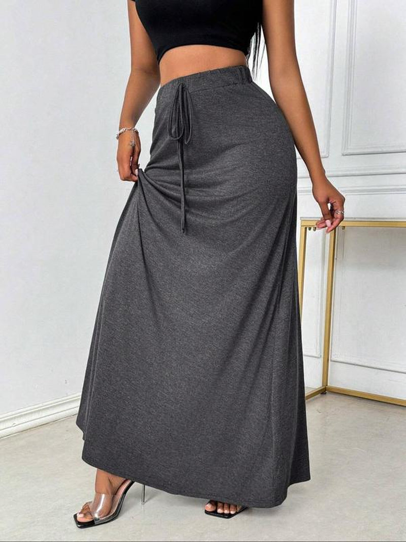 Plus Size Elegant A-Line Skirt with Drawstring Waist - Stylish Casual Long Skirt for All Seasons